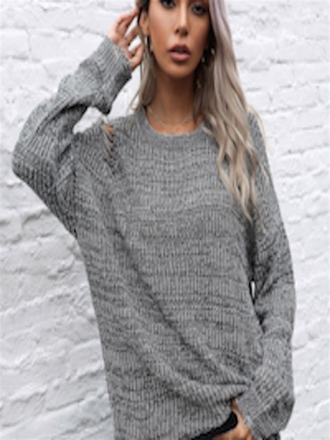 Buy Urbanic Women Grey Ripped Longline Pullover Sweater Sweaters For Women 15844902 Myntra