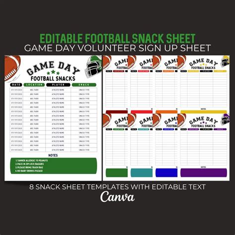 Editable Football Snack Sign Up Sheet Game Day Schedule Template