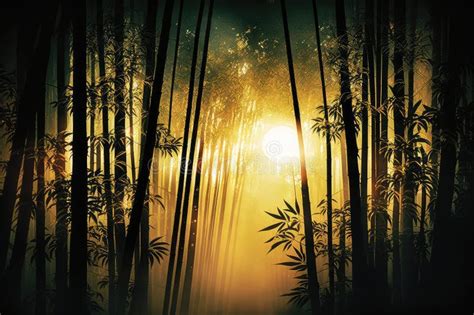 Bamboo Forest at Sunrise, with the Rising Sun Shining through the Trees Stock Illustration ...