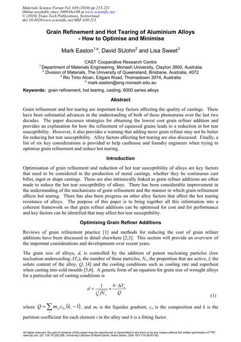 PDF Grain Refinement And Hot Tearing Of Aluminium Alloys How To Optimise And Minimise