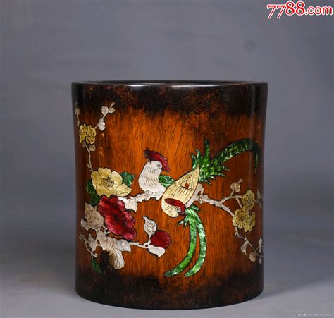 花梨木镶贝壳花鸟笔筒，20x18x18 价格1200元 Se87028100 木雕摆件 零售 7788收藏收藏热线