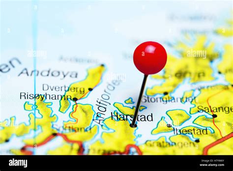 Harstad pinned on a map of Norway Stock Photo - Alamy