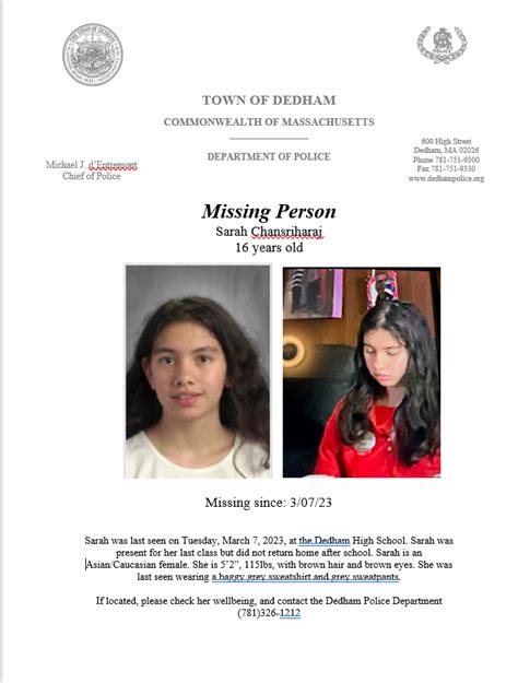 Dedham Police Dept On Twitter Sarah Has Been Located Thank You For