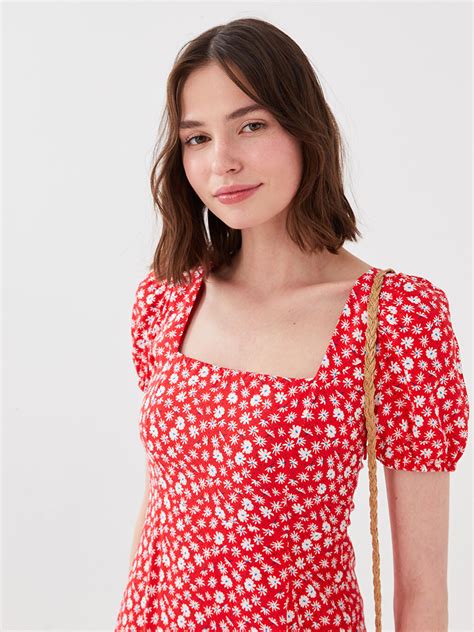 Square Collar Floral Short Sleeve Poplin Women S Dress S Gf Z Rxn