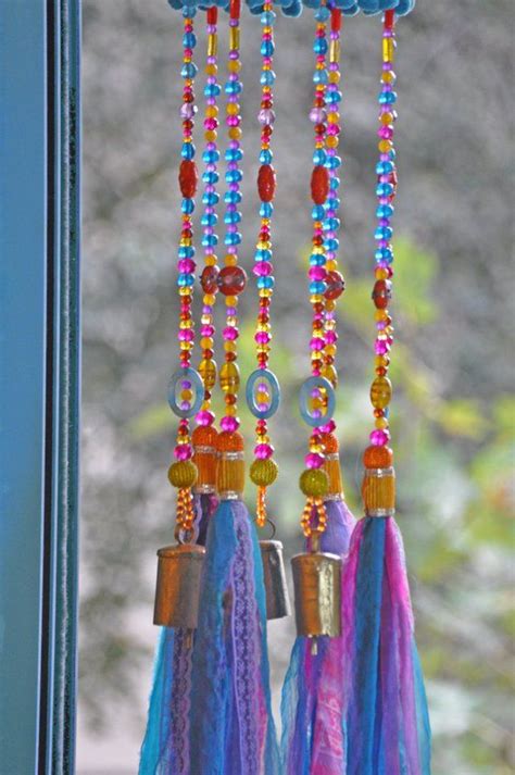 Unique Home Decorcolorful Sun Catcher Beaded Mobile With Brass Bells And Fabric Tassels Hand