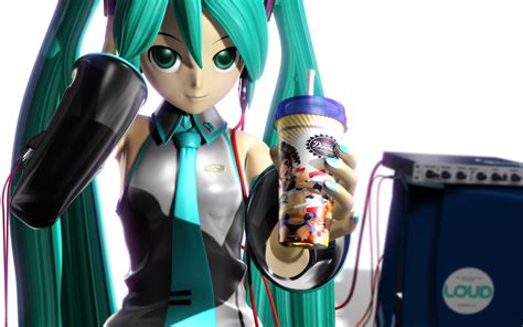 D Drink Food Green Eyes Green Hair Hatsune Miku Headphones Long Hair