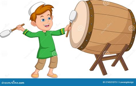 Cartoon Muslim Boy Hitting Bedug Stock Vector Illustration Of Mubarak