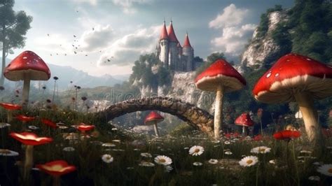 Fantastic Landscape With Mushrooms Beautiful Old Castle Stock