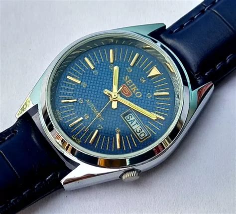 Automatic Seiko Vintage Blue Dial Day Date Leather Band St Steel Men