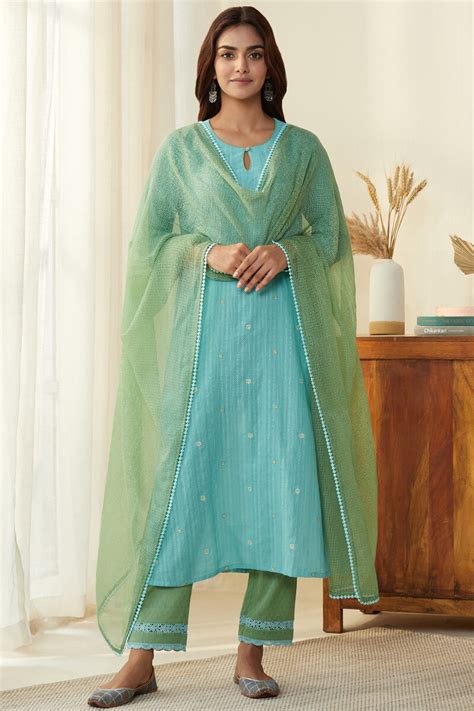 Buy Turquoise Handcrafted Straight Cotton Dobby Kurta For Women