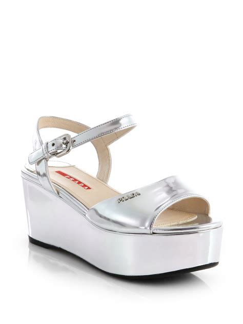 Prada Metallic Leather Platform Wedge Sandals In Silver Argento Silver