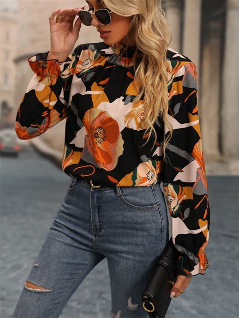 Shein Lune Blusa Con Estampado Floral De Manga Con Volante Moda De