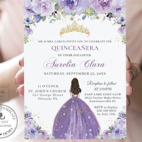 Lilac Purple Floral Quinceañera Invitation Printable Editable Etsy