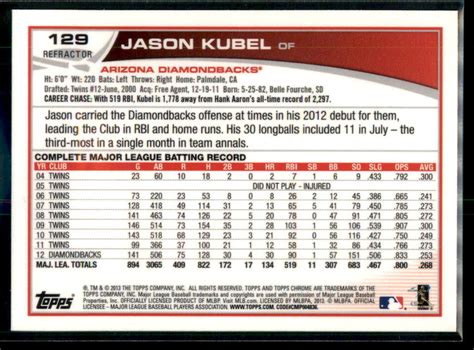 2013 Topps Chrome Refractors Jason Kubel 129 Arizona Diamondbacks EBay