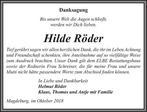 Traueranzeigen Von Hilde R Der Abschied Nehmen De