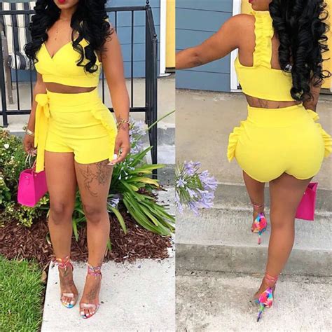 Two Piece Set 2019 Summer Women Crop Tops High Waist Shorts 2pcs Ruffles Bow Outfits Ladies