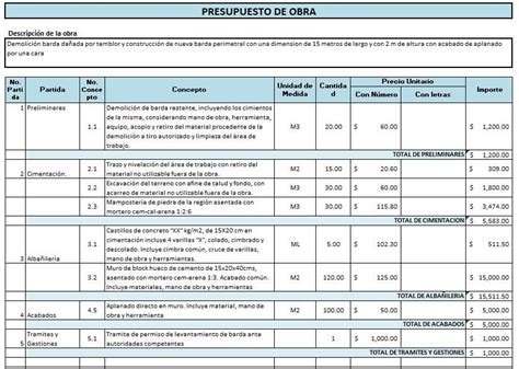 Presupuesto De Obra Ejemplos Formatos Word Excel