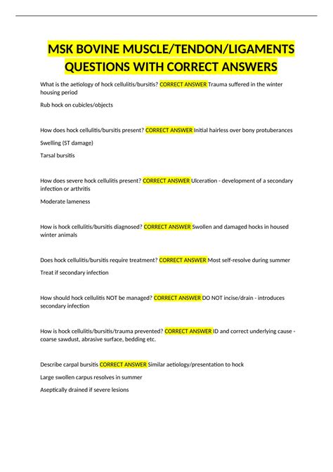 Msk Bovine Muscle Tendon Ligaments Questions With Correct Answers Msk