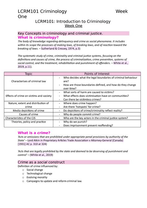 Week 1 Criminology Week 1 Lecture Notes One Lcrm101 Introduction To Criminology Week One