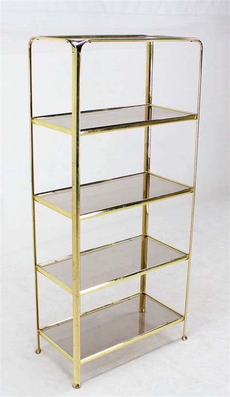 Mid Century Modern Five Tier Brass And Smoked Glass Etagere Shelving Unit At 1stdibs Brass