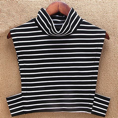 Women Jersey Turtleneck Fake Tshirt Collar Black White Striped