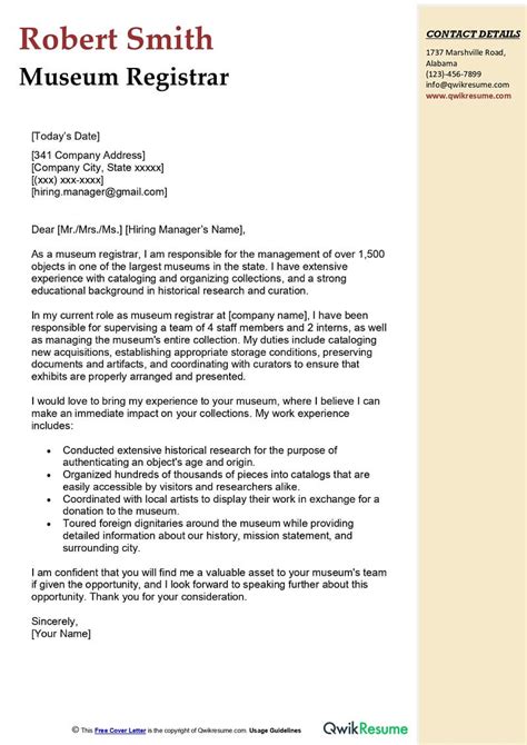 Museum Registrar Cover Letter Infoupdate Org