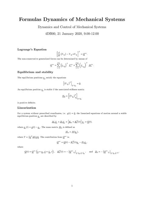 Formuleblad Dynamica Formulas Dynamics Of Mechanical Systems Dynamics