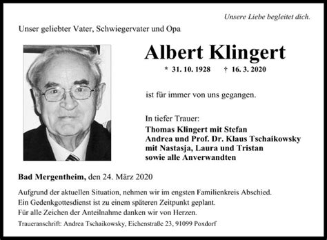 Traueranzeigen Von Albert Klingert Trauerportal Ihrer Tageszeitung