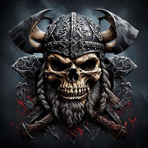 Premium Photo A Menacing Viking Skull With Two Crossed Axes Rendered