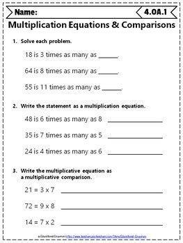 4th Grade OA Worksheets Operations Algebraic Thinking Math Practice