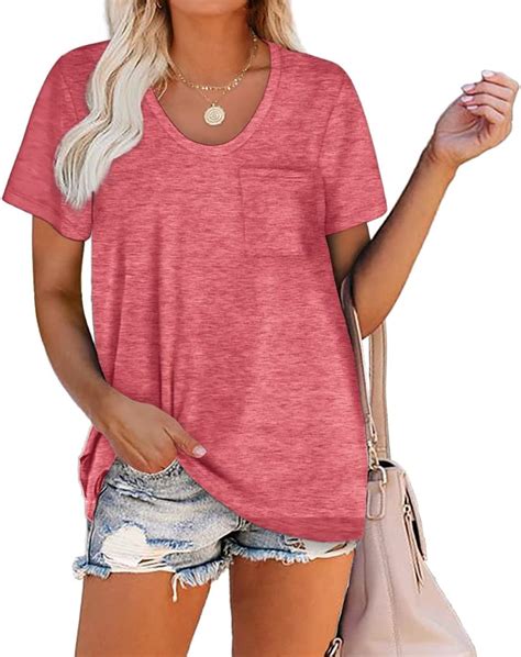 Wiholl Womens T Shirts Loose Fit Short Sleeve V Neck Casual Shirts Basic Summer Tops With Pocket