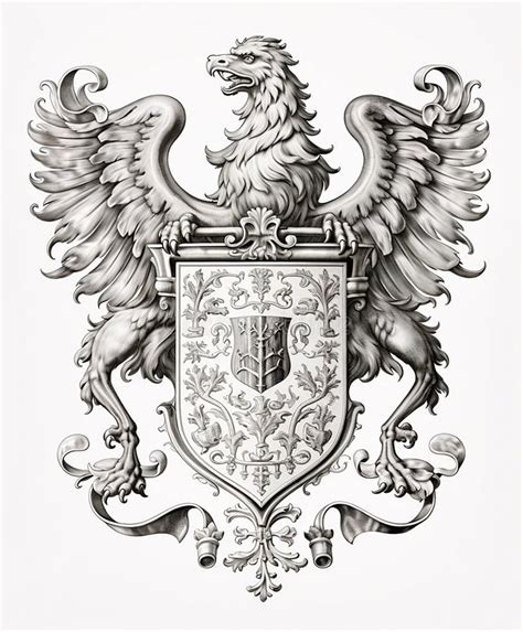 Elegant Black And White Coat Of Arms Featuring A Majestic Eagle Perched Atop An Ornate Shield