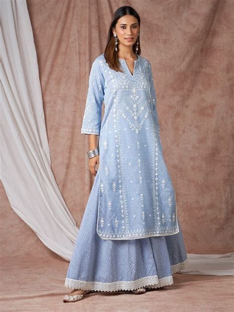 Buy Blue Embroidered Organza Kurta With Printed Cotton Lehenga And