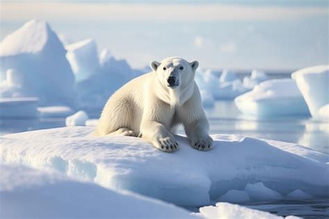 Urso polar parado em uma geleira de águas claras vendo o mar azul