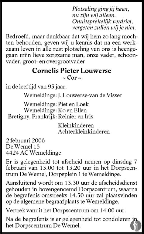 Cornelis Pieter Cor Louwerse Overlijdensbericht En