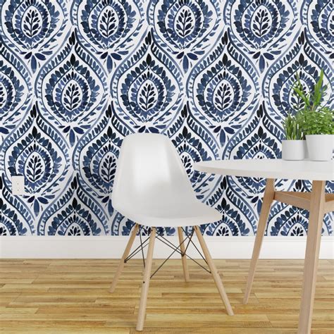 Peel Stick Wallpaper Ft Wide Bohemian Leaf Mandala Dark Indigo Blue