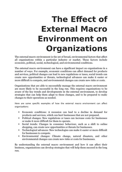 The Effect Of External Macro Environment On Organizations The Effect Of External Macro