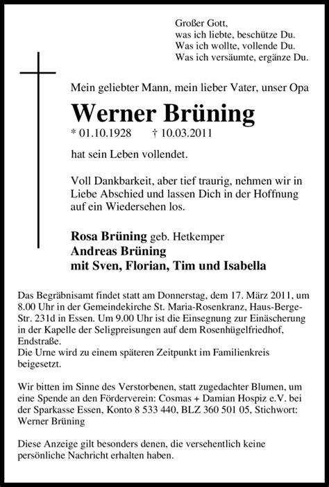 Traueranzeigen Von Werner Br Ning Trauer In Nrw De