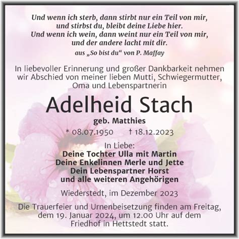 Traueranzeigen Von Adelheid Stach Abschied Nehmen De