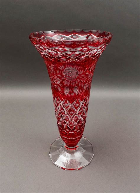 Bohemian Crystal Vintage Cranberry Red Cut To Clear Footed Art Glass Vase 1375 Ebay