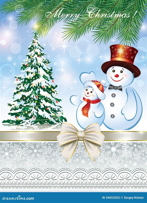 Christmas Card With Christmas Tree And Snowman Stock Vector