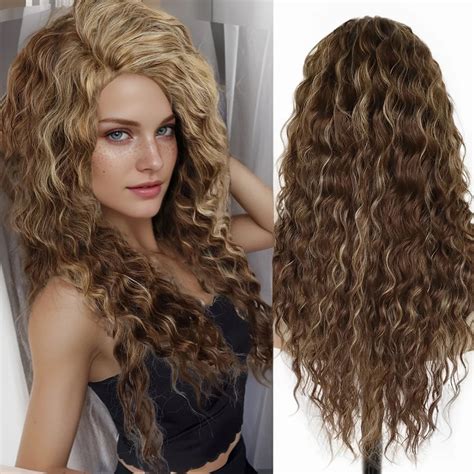 Gnimegil 26 Inches Long Hair Wigs For Women Synthetic Fiber Curly Brown Mix Blonde Wig Natural