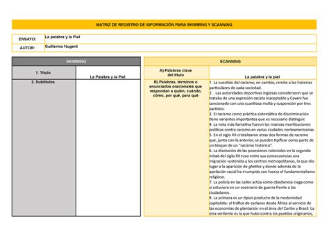 Skimming Y Scanning Redacci N Matriz De Registro De Informaci N