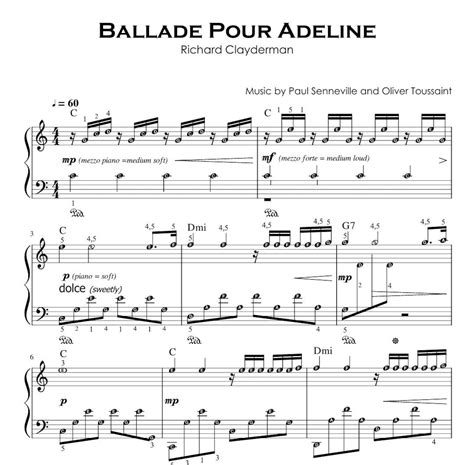 Ballade Pour Adeline Piano Sheet Music Score With Note Names BUNDLE