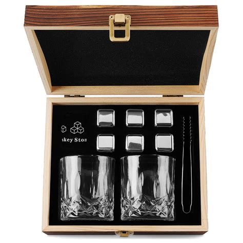 Whiskey Set Glasses Tongs And Stainless Steel Stones In Stock