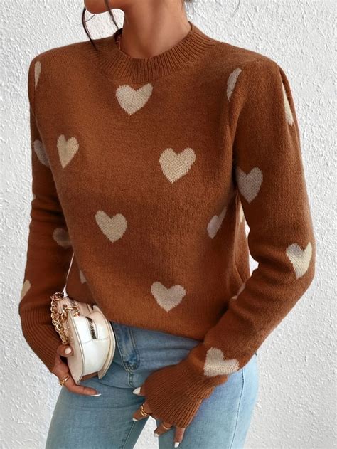 Mtvrmall Heart Pattern Crew Neck Sweater Casual Long Sleeve Pullover