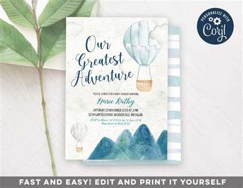Adventure Hot Air Balloon Baby Shower Invitation Pastel Blue Etsy
