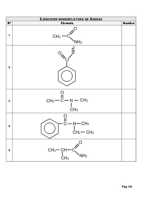 Nomenclatura DE Amidas Ejercicios nomenclatura de Amidas Nº Fórmula