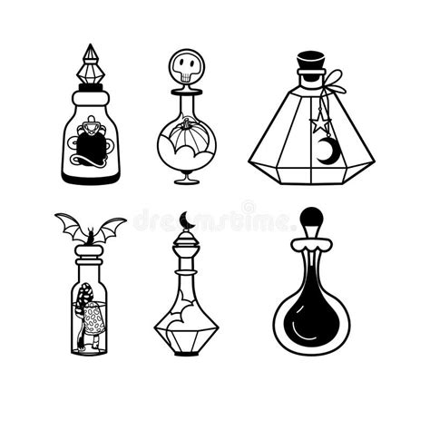 Magic Potions Bottle Doodle Outline Vector Set Collection Of Witch Elixirs And Brew In