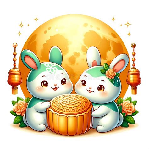 The Cute Jade Rabbits Holding A Delicacies Mooncake With A Big Golden